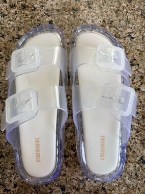 Cushionaire Clear White Double-Buckle Slide Sandals